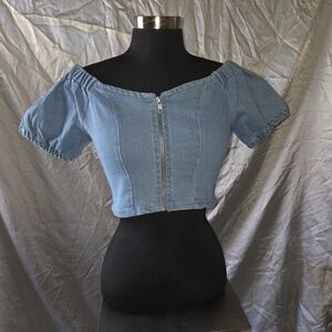Light Blue Denim Off-Shoulder Zip Crop Top